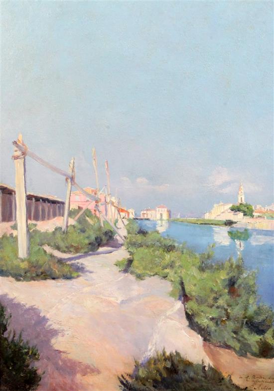 Pierre Aubin (French, Exh.1928-31) Canal du Murano, Venice, 28 x 18in.